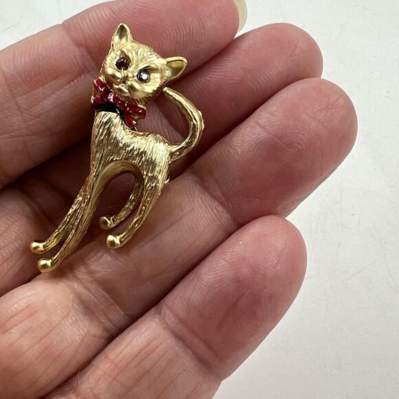 Siamese Cat Brooch Pin Gold Tone Moving Head Red Bow & Eyes Vintage 1950s MCM - Picture 2 of 5